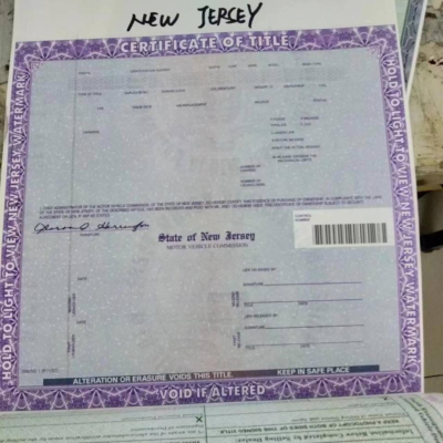 New Jersey Car Title Certificate
